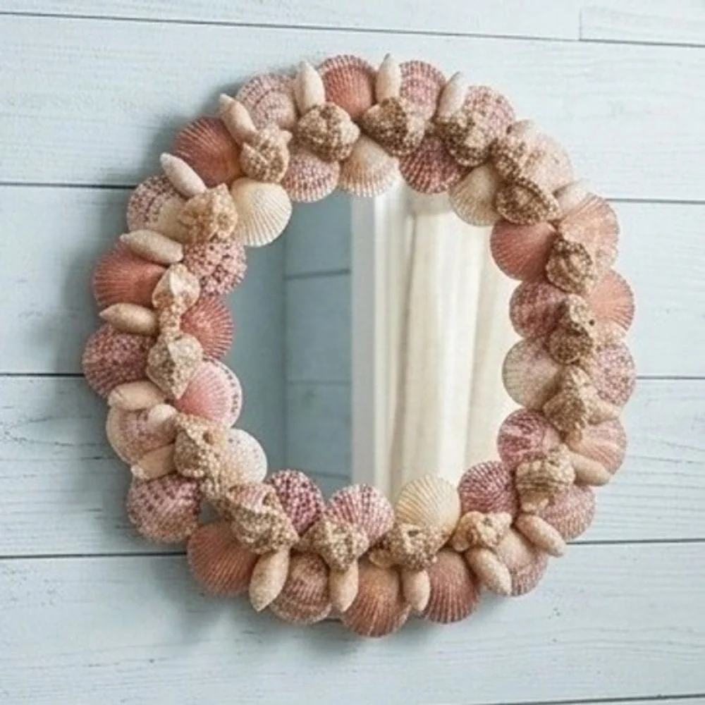 Vintage Handmade Seashell Wall Mirror Round Coastal Beach Decor Pink White 12